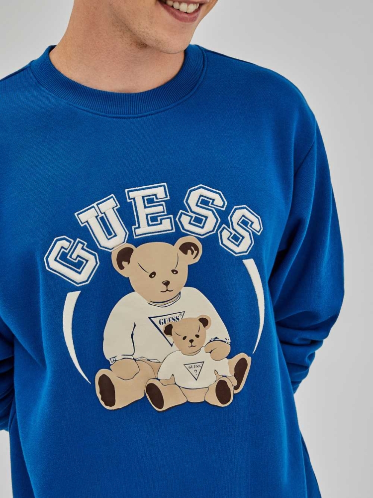 GUESS Originals Bear Crewneck Men's Sweatshirt Blue | UK7645HWT