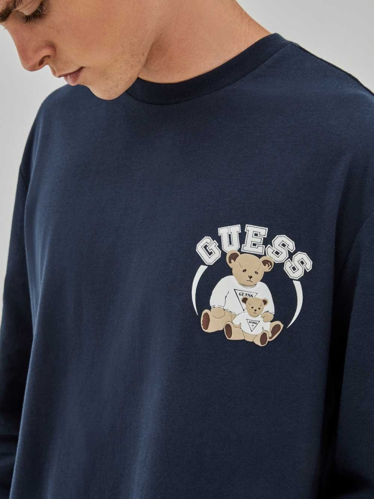 GUESS Originals Bear Long-Sleeve Men's T-Shirts Blue | UK7692HWV