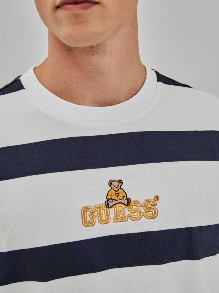 GUESS Originals Bear Stripe Men's T-Shirts Blue Multicolor | UK1970XIT