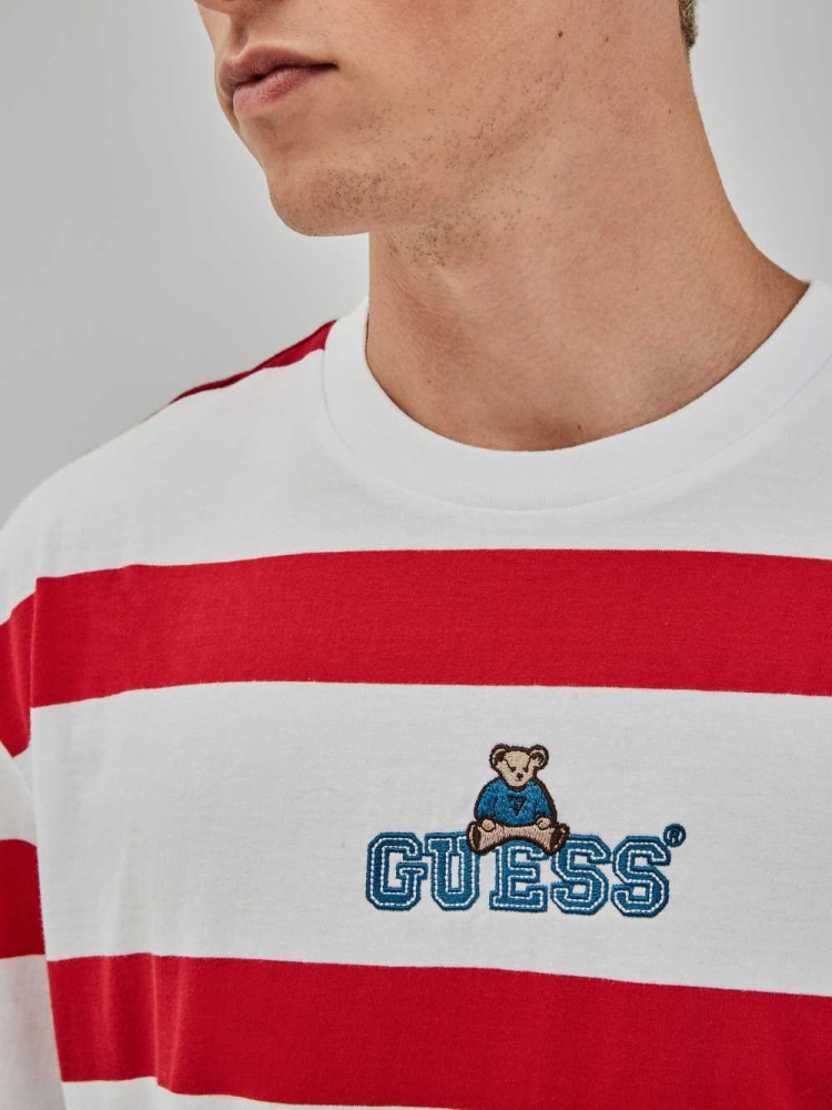 GUESS Originals Bear Stripe Men's T-Shirts Red Pink Multicolor | UK9385QOV