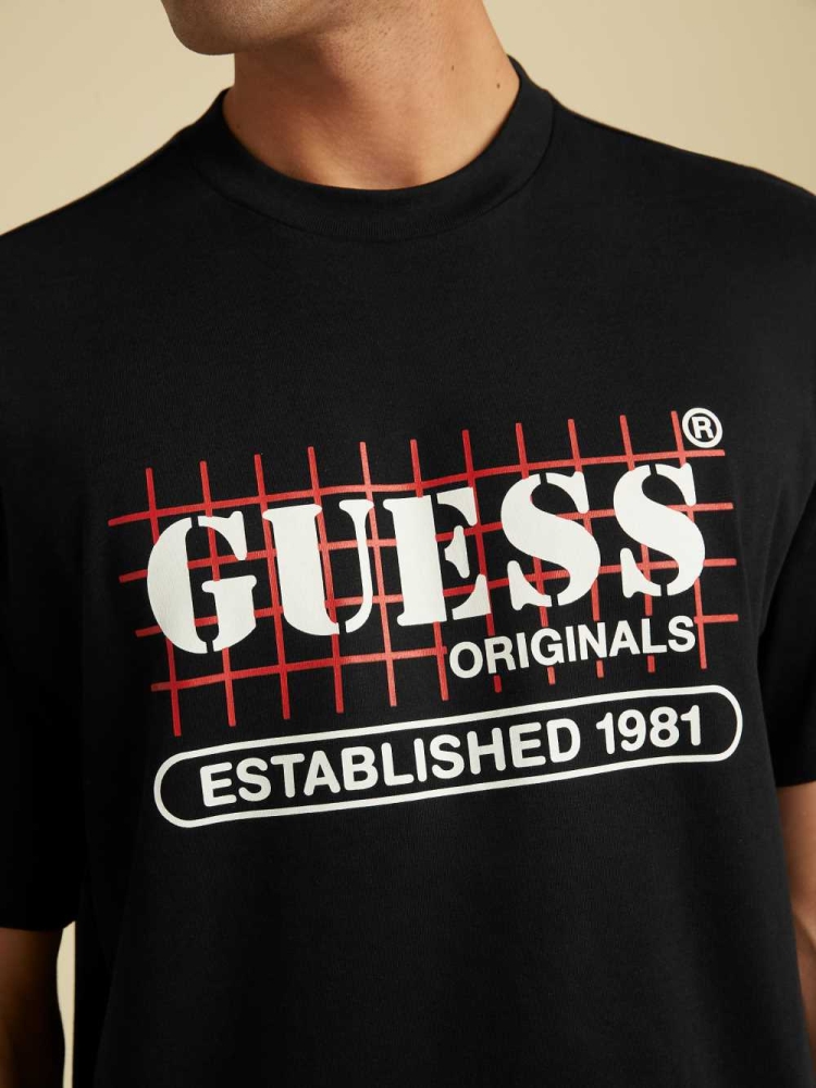 GUESS Originals Grid Men's T-Shirts Black | UK2640TIH