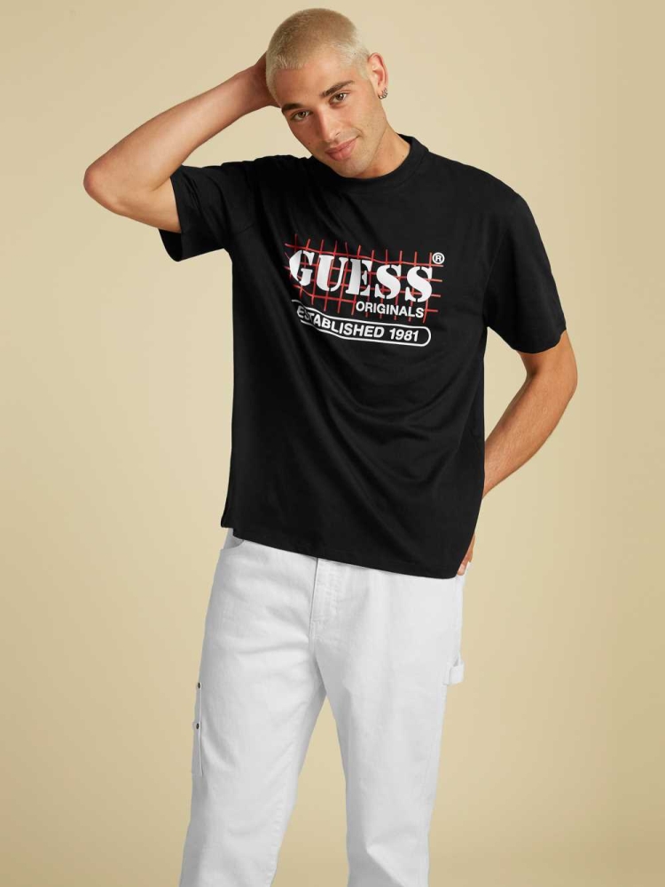 GUESS Originals Grid Men\'s T-Shirts Black | UK2640TIH