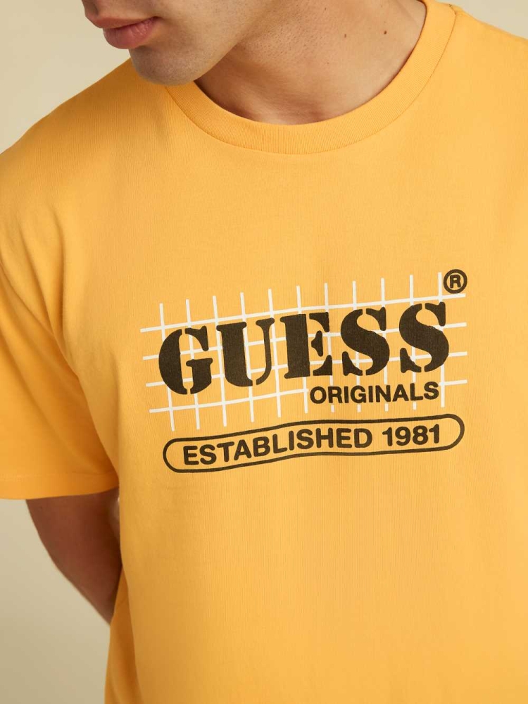 GUESS Originals Grid Men's T-Shirts Mango Yellow | UK9731SHU