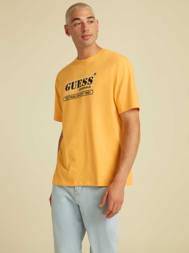 GUESS Originals Grid Men\'s T-Shirts Mango Yellow | UK9731SHU