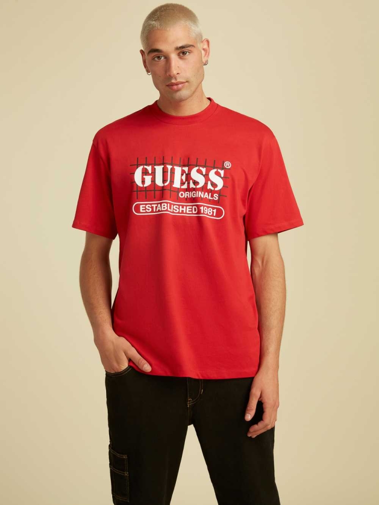 GUESS Originals Grid Men\'s T-Shirts Red | UK2973BWN