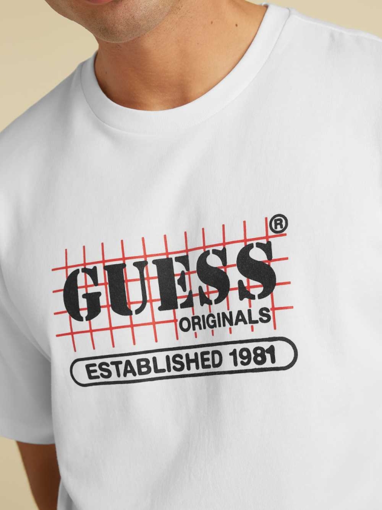 GUESS Originals Grid Men's T-Shirts White | UK3892QUX