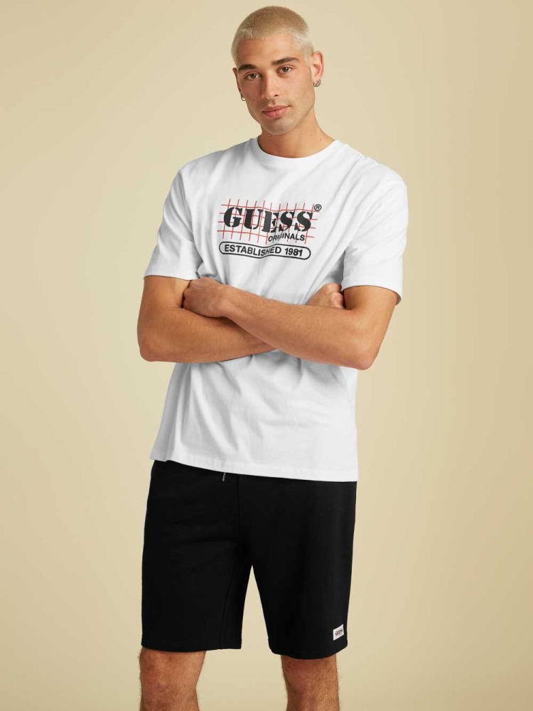 GUESS Originals Grid Men's T-Shirts White | UK3892QUX