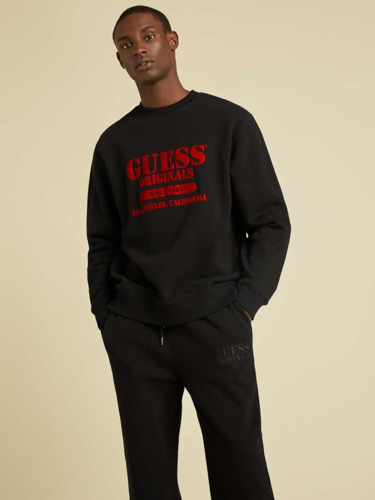 GUESS Originals Logo Crewneck Men\'s Sweatshirt Black | UK9513JZU