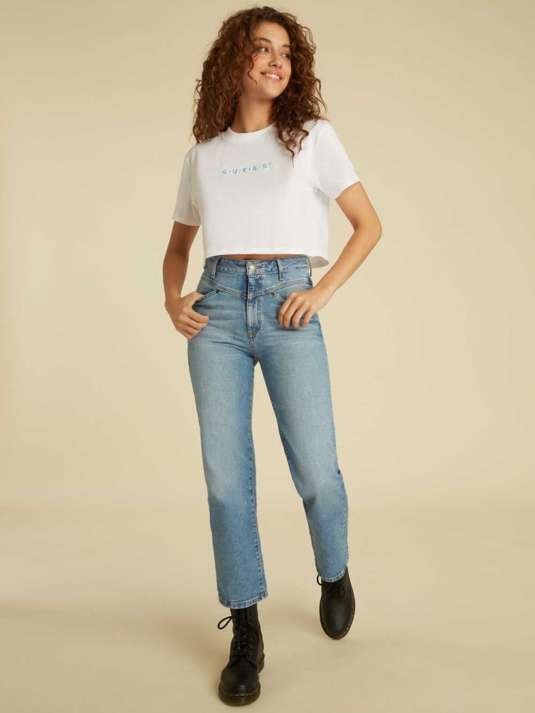 GUESS Originals Logo Crop Women's T-Shirts White | UK4258ONG