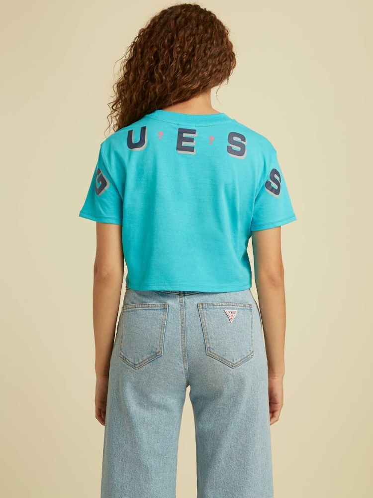 GUESS Originals Logo Crop Women's T-Shirts Blue | UK7538URP