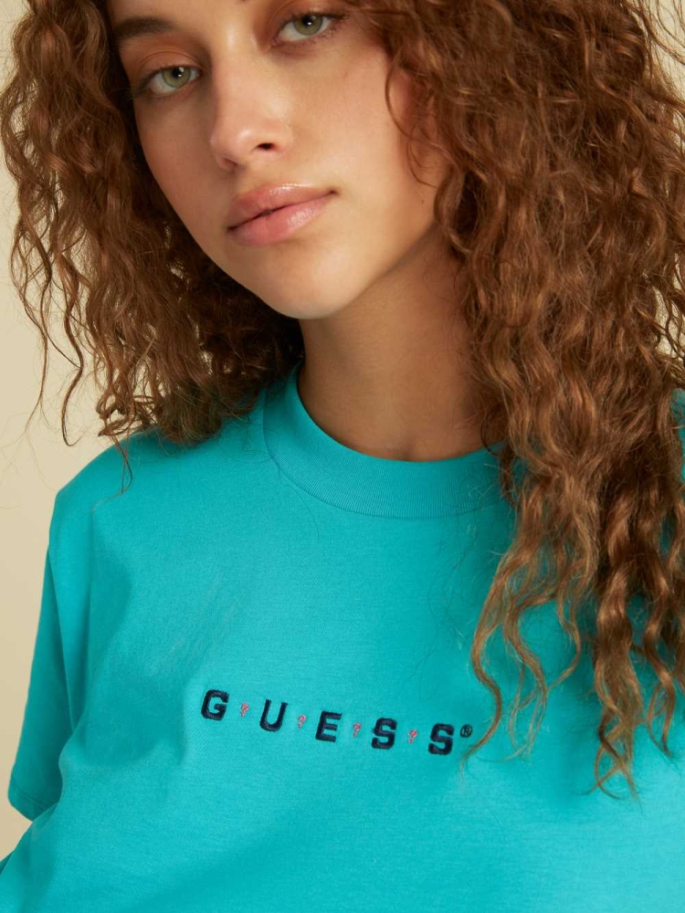 GUESS Originals Logo Crop Women's T-Shirts Blue | UK7538URP