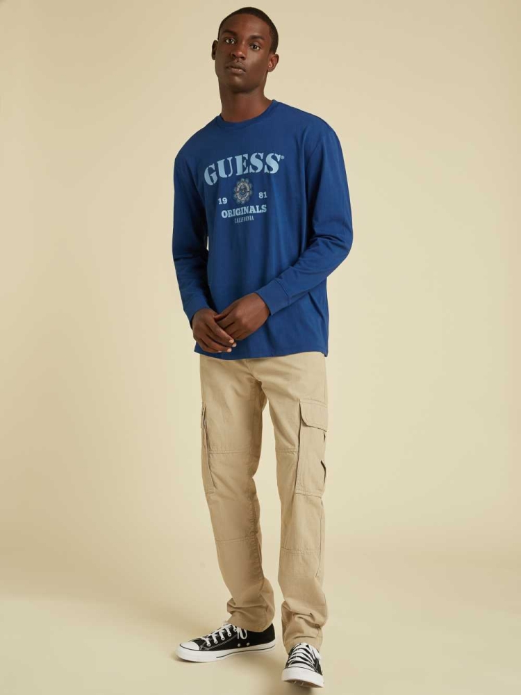 GUESS Originals Logo Long Sleeve Men's T-Shirts Blue | UK4213KIF