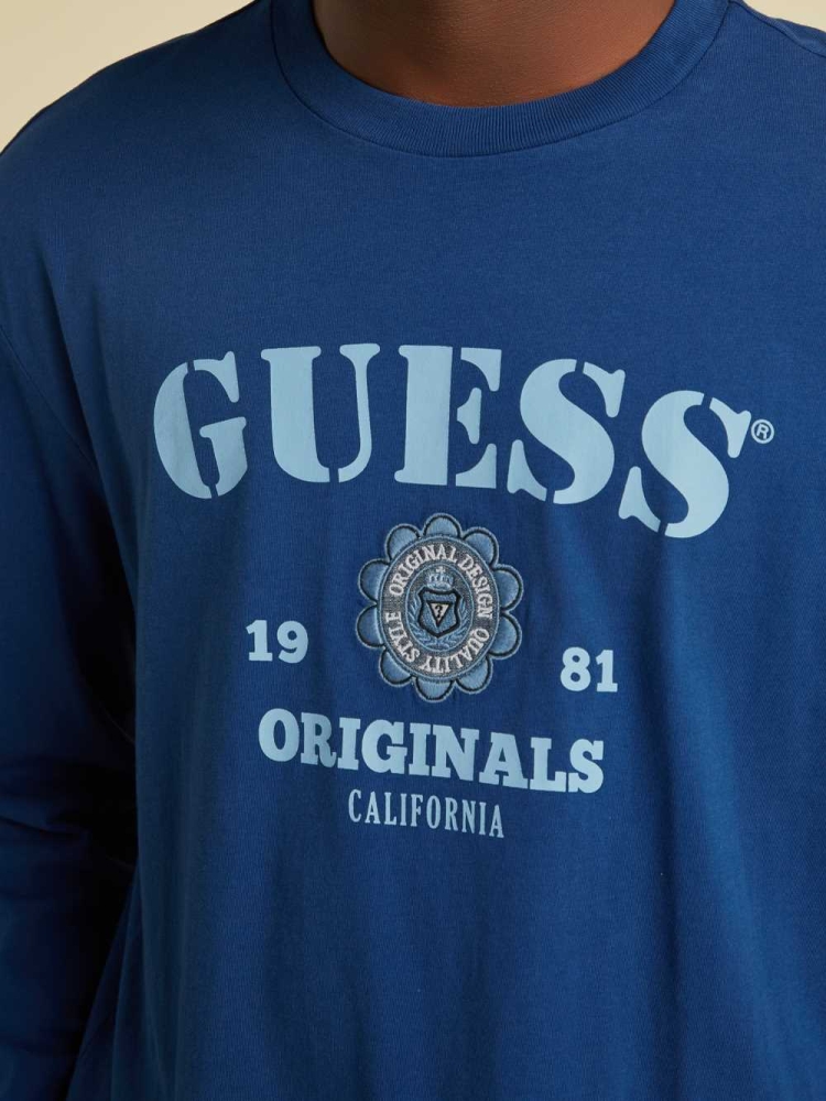 GUESS Originals Logo Long Sleeve Men's T-Shirts Blue | UK4213KIF