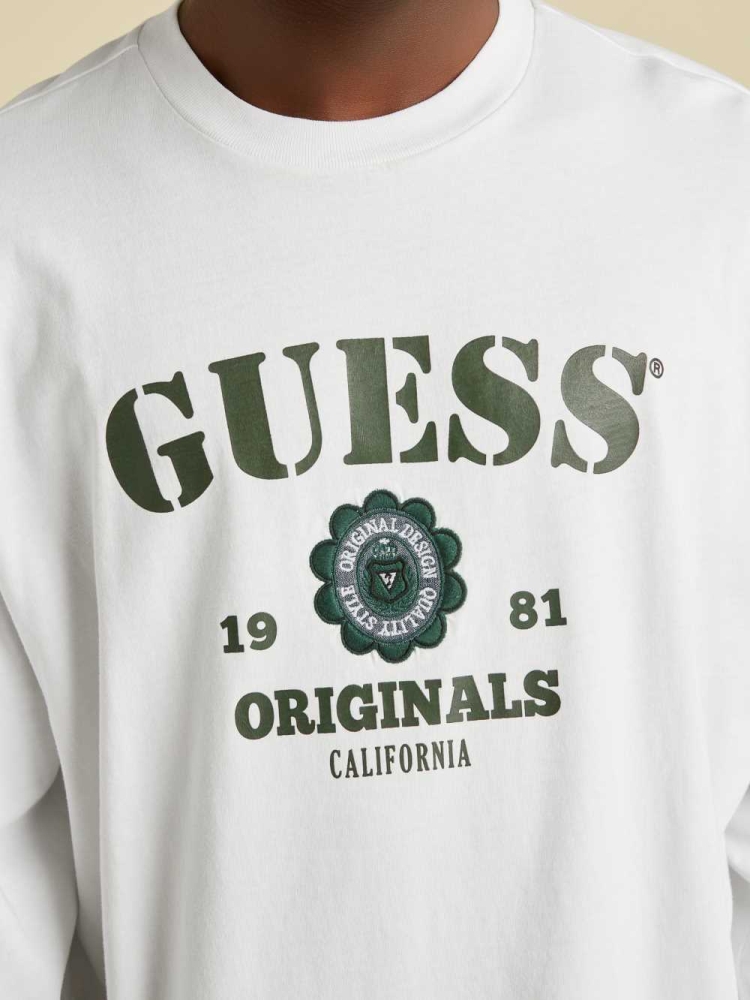 GUESS Originals Logo Long Sleeve Men's T-Shirts White | UK8054CSY