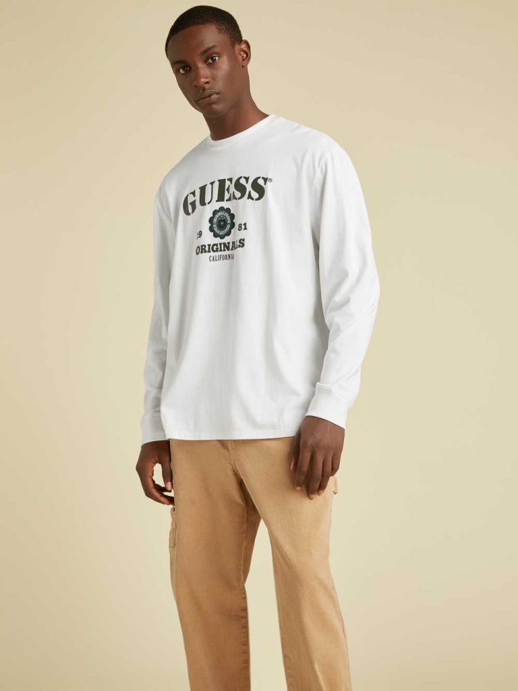 GUESS Originals Logo Long Sleeve Men\'s T-Shirts White | UK8054CSY