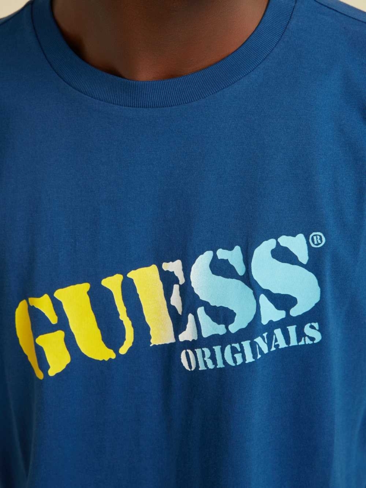 GUESS Originals Ombre Logo Men's T-Shirts Blue | UK4168SIH