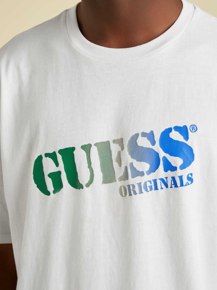 GUESS Originals Ombre Logo Men's T-Shirts White | UK7032GLP