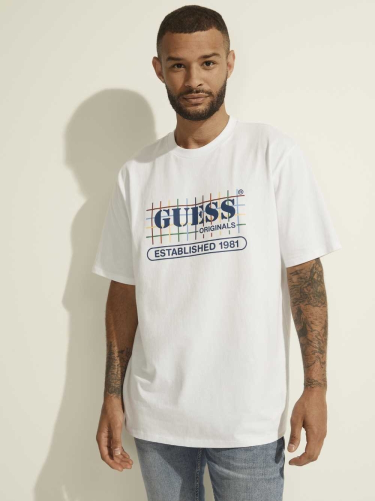 GUESS Originals Rainbow Grid Men's T-Shirts White | UK7086GLI