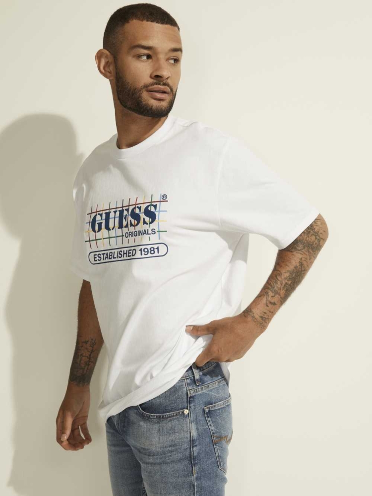 GUESS Originals Rainbow Grid Men's T-Shirts White | UK7086GLI