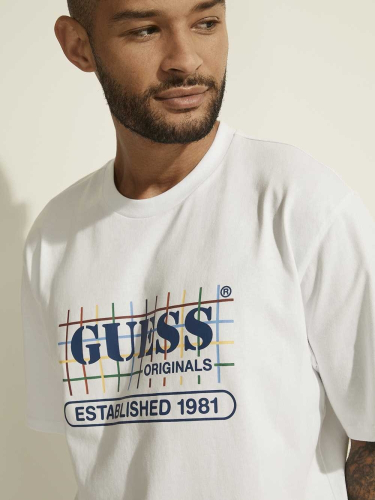 GUESS Originals Rainbow Grid Men\'s T-Shirts White | UK7086GLI