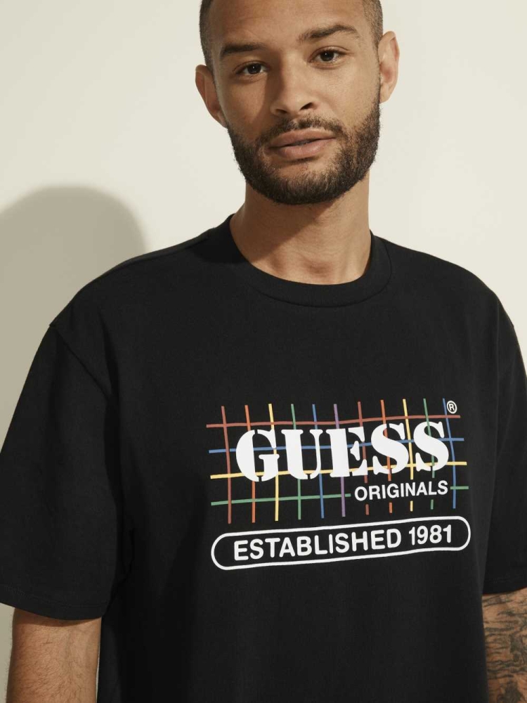 GUESS Originals Rainbow Grid Men's T-Shirts Black | UK9260VRA