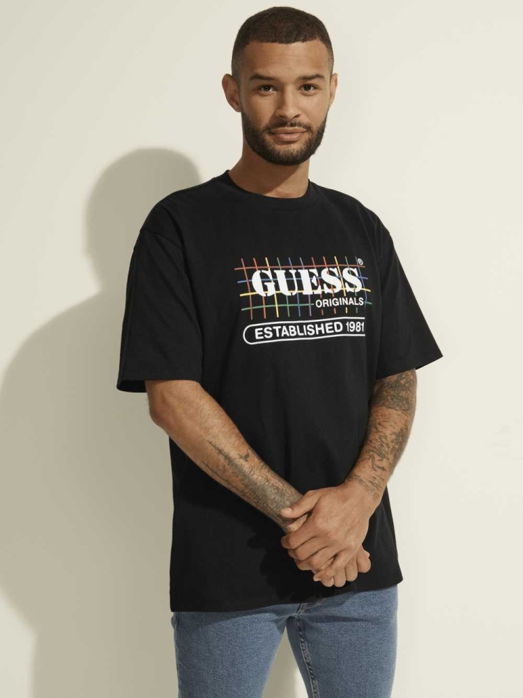 GUESS Originals Rainbow Grid Men's T-Shirts Black | UK9260VRA