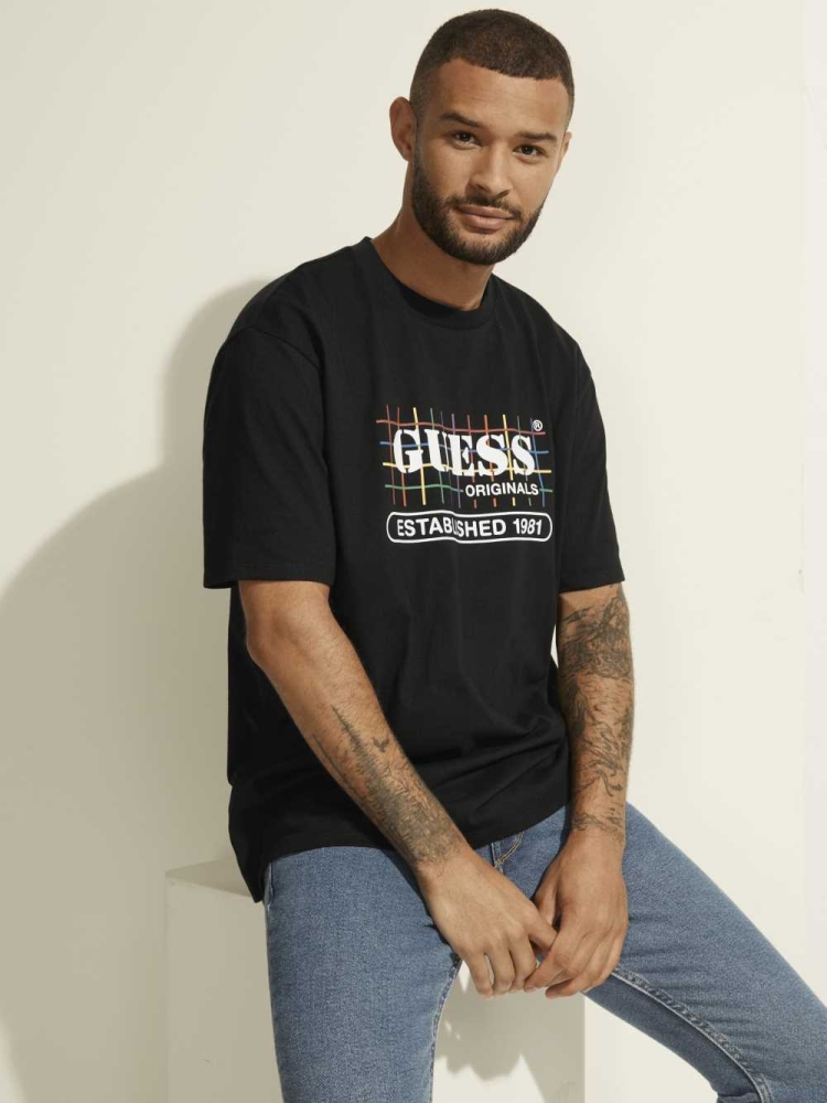 GUESS Originals Rainbow Grid Men\'s T-Shirts Black | UK9260VRA