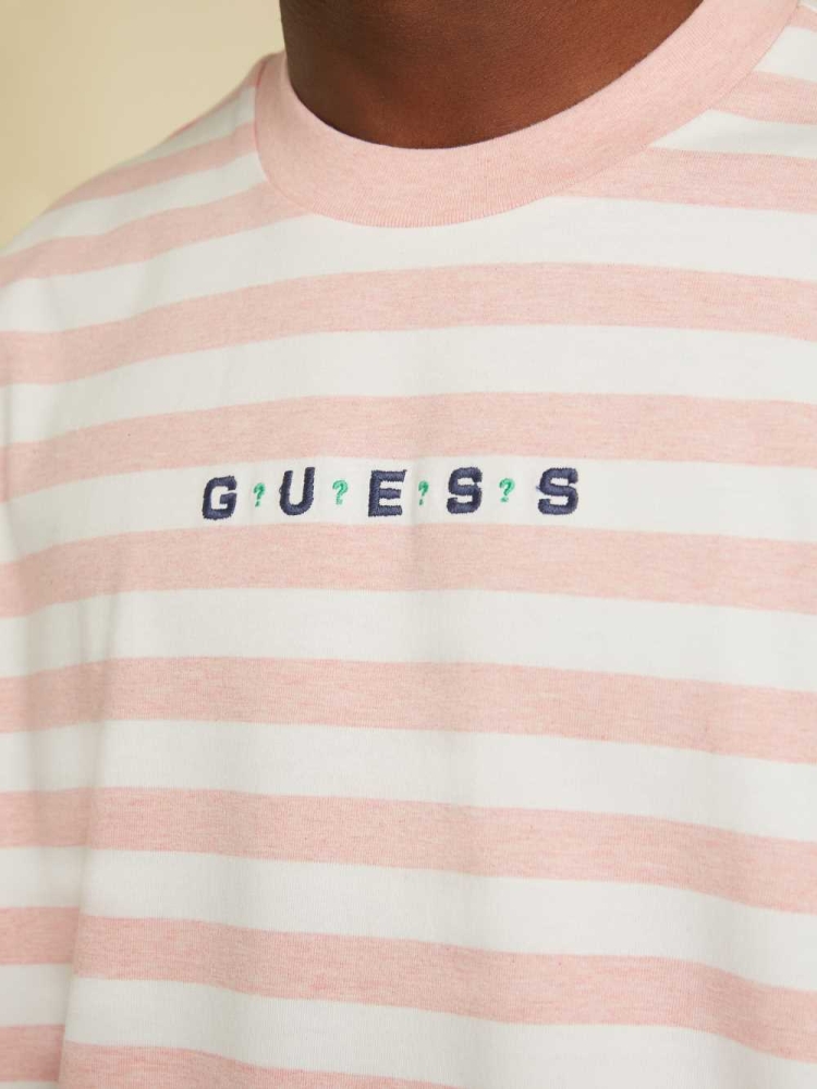 GUESS Originals Striped Logo Men's T-Shirts Red Pink | UK8649WAQ