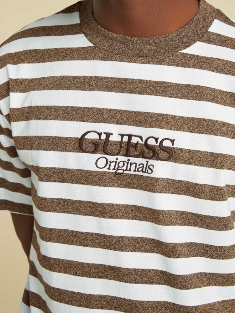 GUESS Originals Striped Men's T-Shirts Brown | UK3081SFW