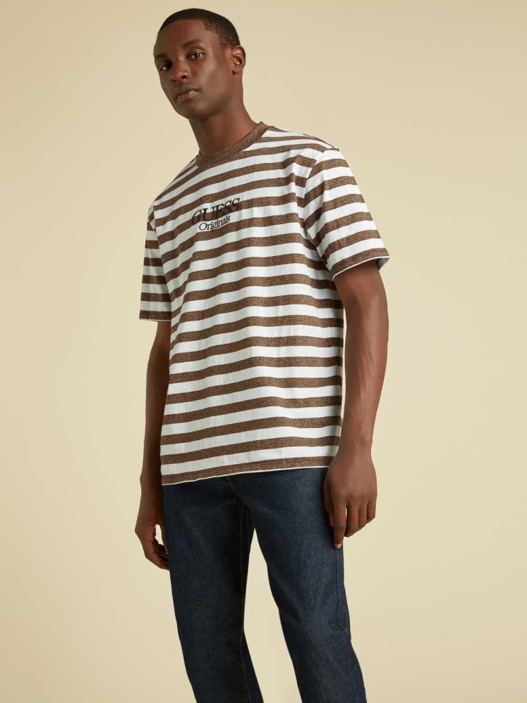 GUESS Originals Striped Men\'s T-Shirts Brown | UK3081SFW