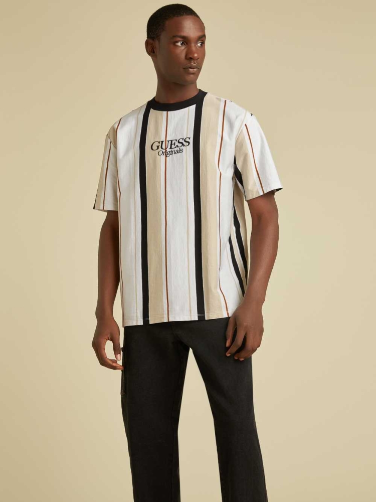 GUESS Originals Striped Men\'s T-Shirts Black Multicolor | UK5167QXU