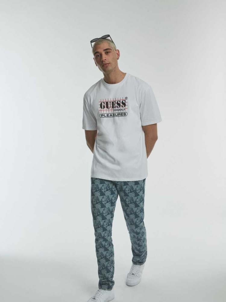 GUESS Originals x PLEASURES Logo Men's T-Shirts White | UK0318RSJ