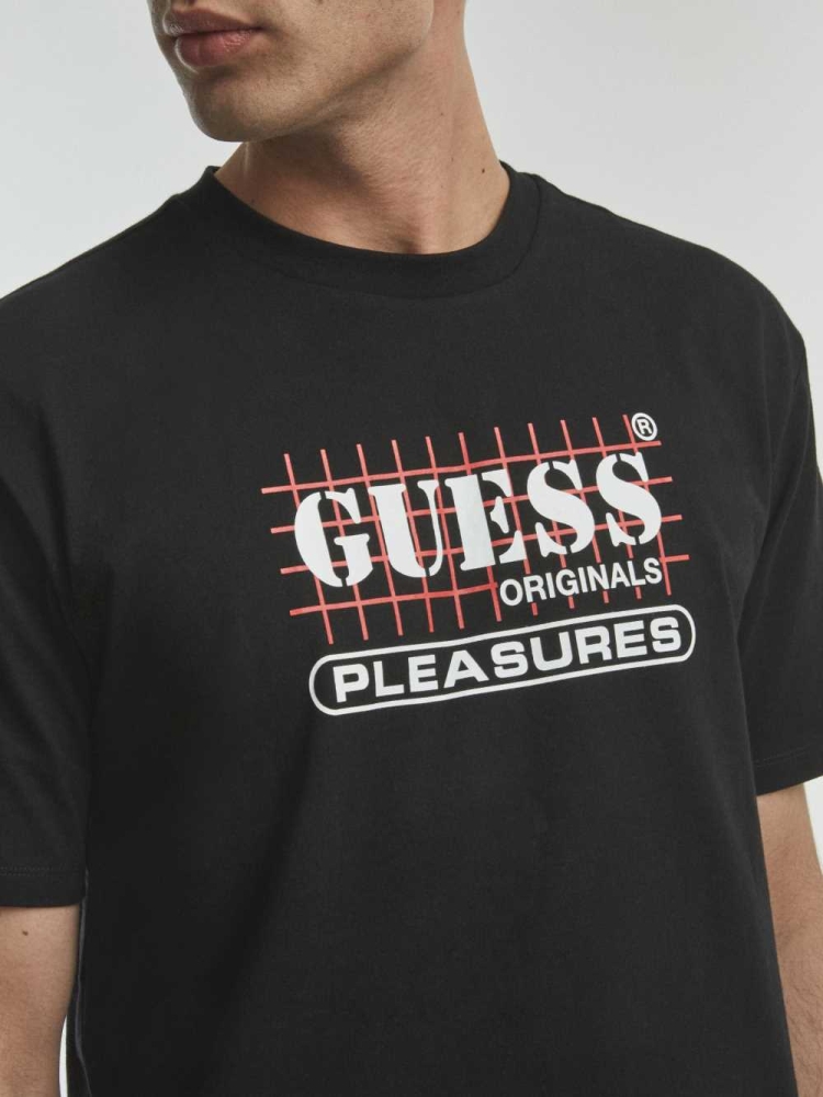 GUESS Originals x PLEASURES Logo Men's T-Shirts Black | UK5027DRU