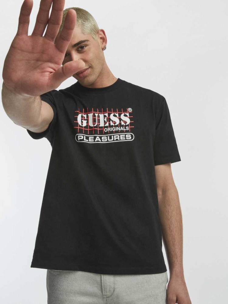 GUESS Originals x PLEASURES Logo Men\'s T-Shirts Black | UK5027DRU