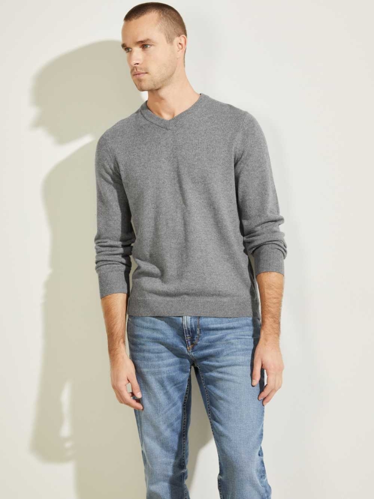 GUESS Owen V-Neck Men\'s Sweaters Grey | UK0976LDV