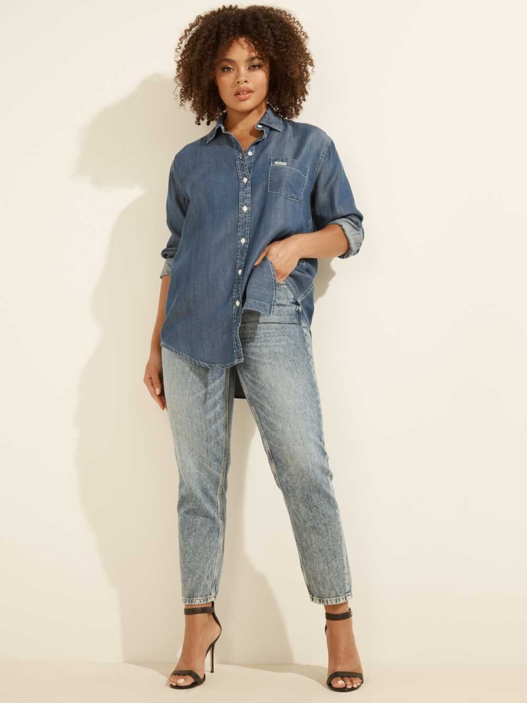 GUESS Pauleta Denim Women's Shirts Deep Blue | UK9308QJM