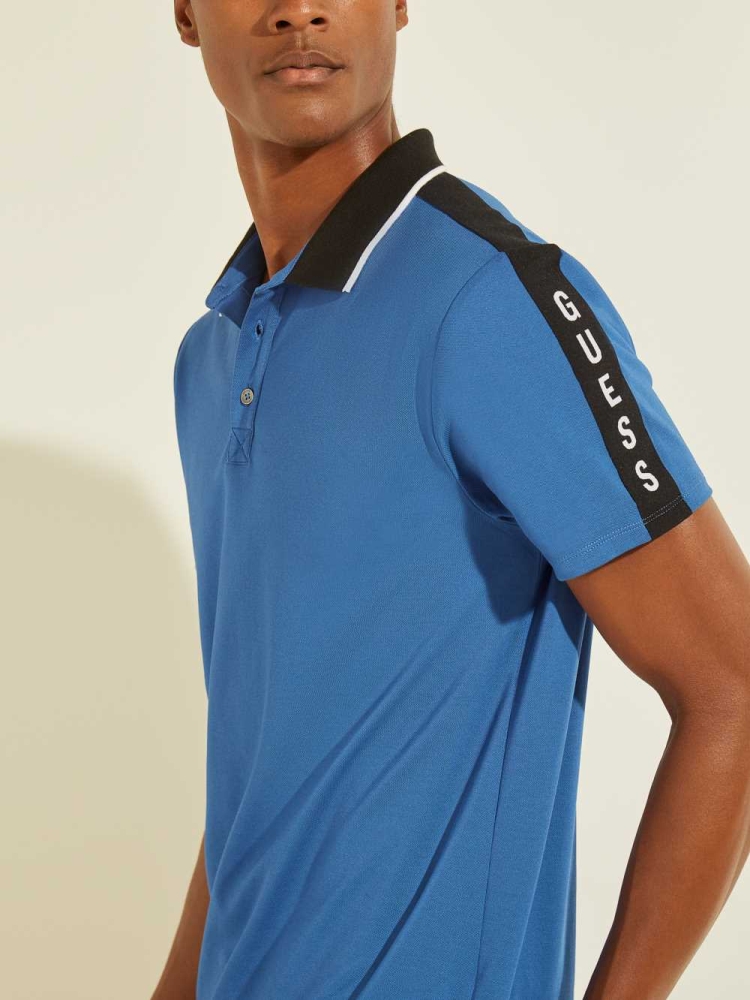 GUESS Pique Logo-Taping Men's Polo Shirts Blue | UK4861CVB