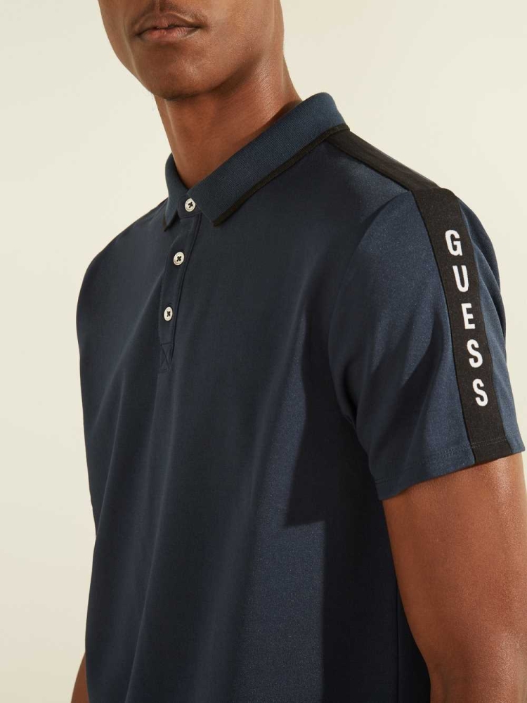 GUESS Pique Logo-Taping Men's Polo Shirts Blue | UK5189DQI