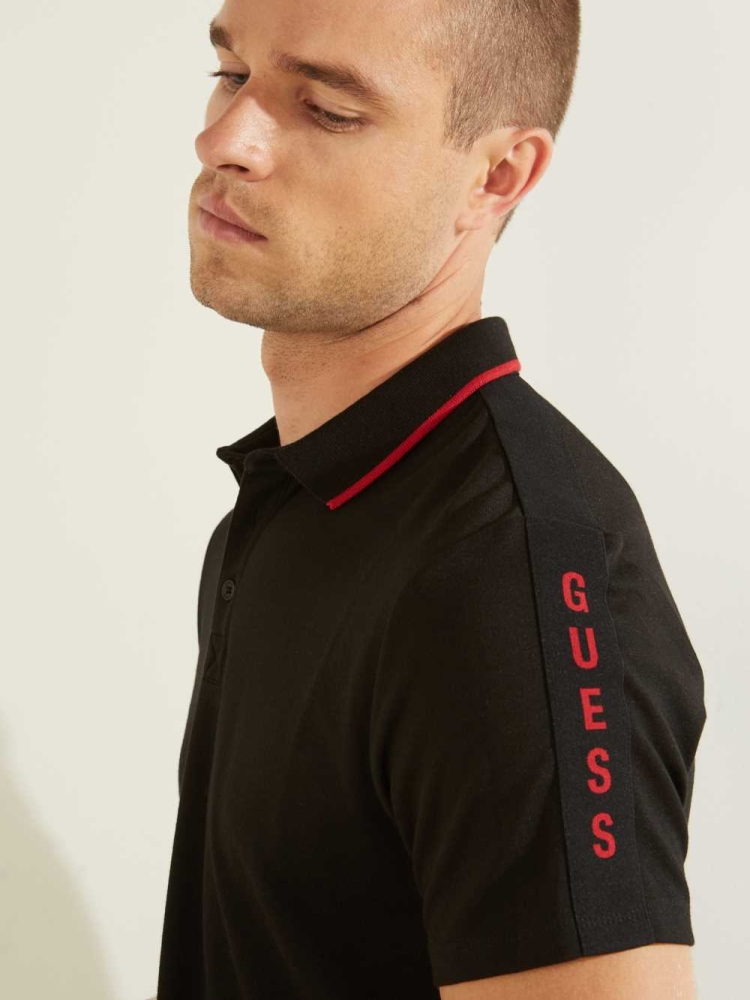 GUESS Pique Logo-Taping Men's Polo Shirts Black | UK6019UHQ