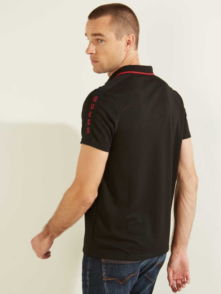 GUESS Pique Logo-Taping Men's Polo Shirts Black | UK6019UHQ