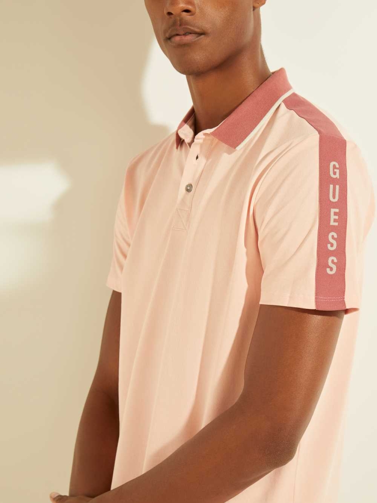 GUESS Pique Logo-Taping Men's Polo Shirts Light Pink | UK7938ZBH