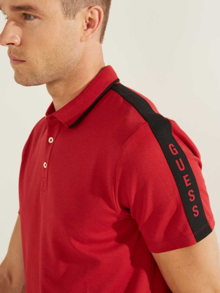 GUESS Pique Logo-Taping Men's Polo Shirts Red | UK9106GSI