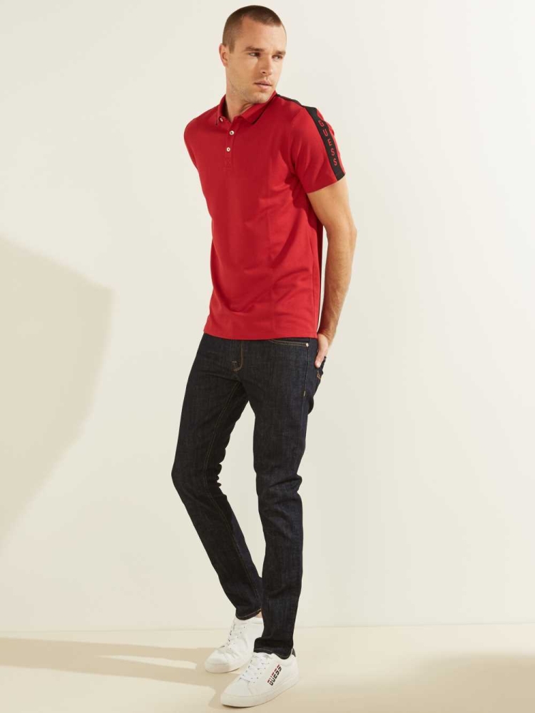 GUESS Pique Logo-Taping Men's Polo Shirts Red | UK9106GSI