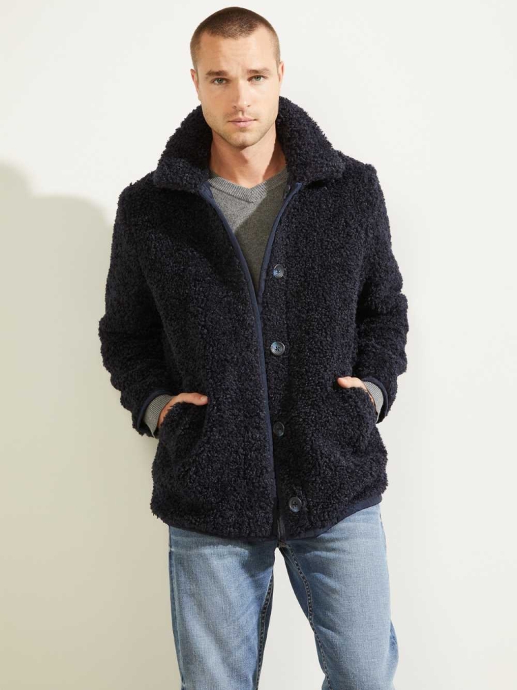 GUESS Reversible Nylon Sherpa Peacoat Men's Coats Dark Blue | UK0278GZK