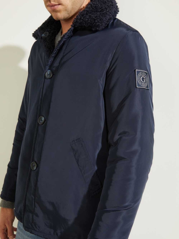 GUESS Reversible Nylon Sherpa Peacoat Men's Coats Dark Blue | UK0278GZK