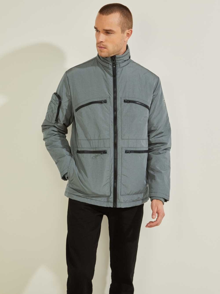 GUESS Ross Hooded Puffer Men's Jackets Grey | UK2903NPE