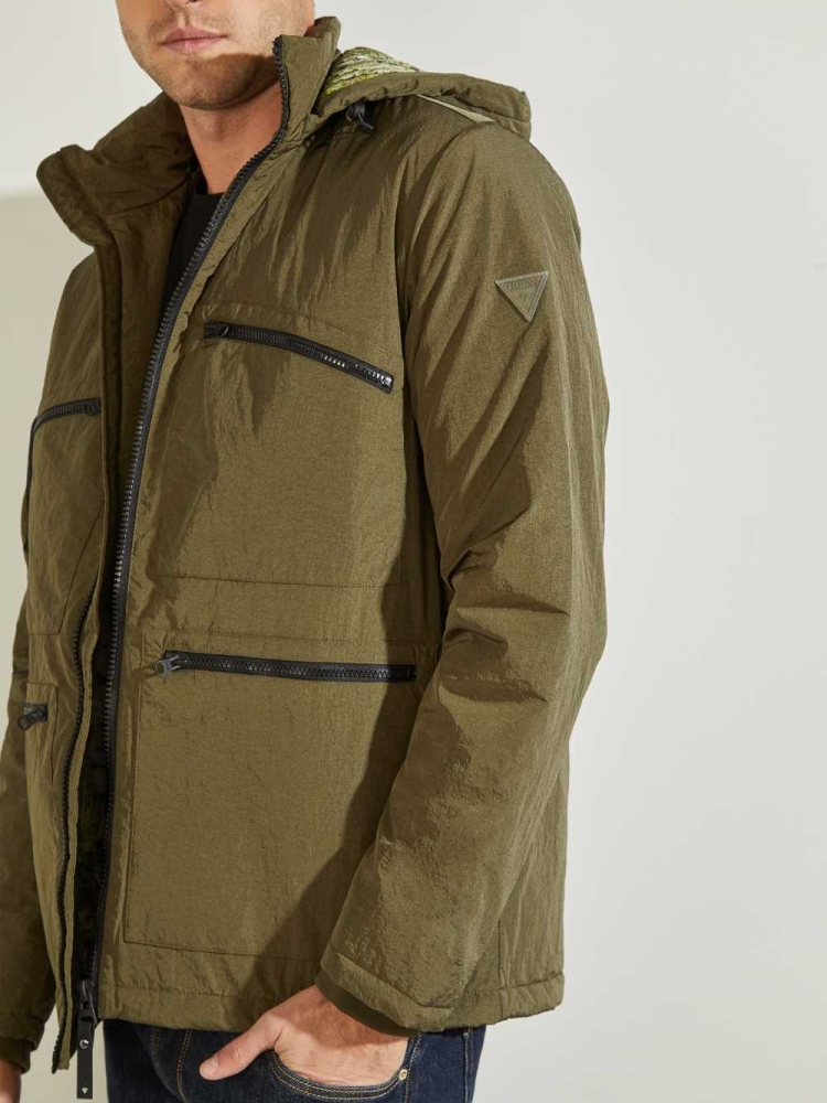 GUESS Ross Hooded Puffer Men's Jackets Olive | UK5102UGV