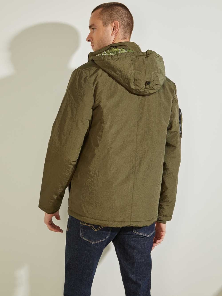 GUESS Ross Hooded Puffer Men's Jackets Olive | UK5102UGV