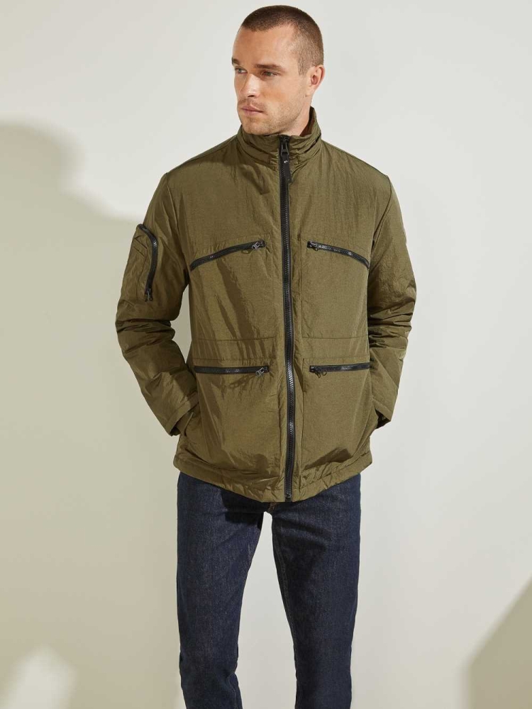 GUESS Ross Hooded Puffer Men's Jackets Olive | UK5102UGV