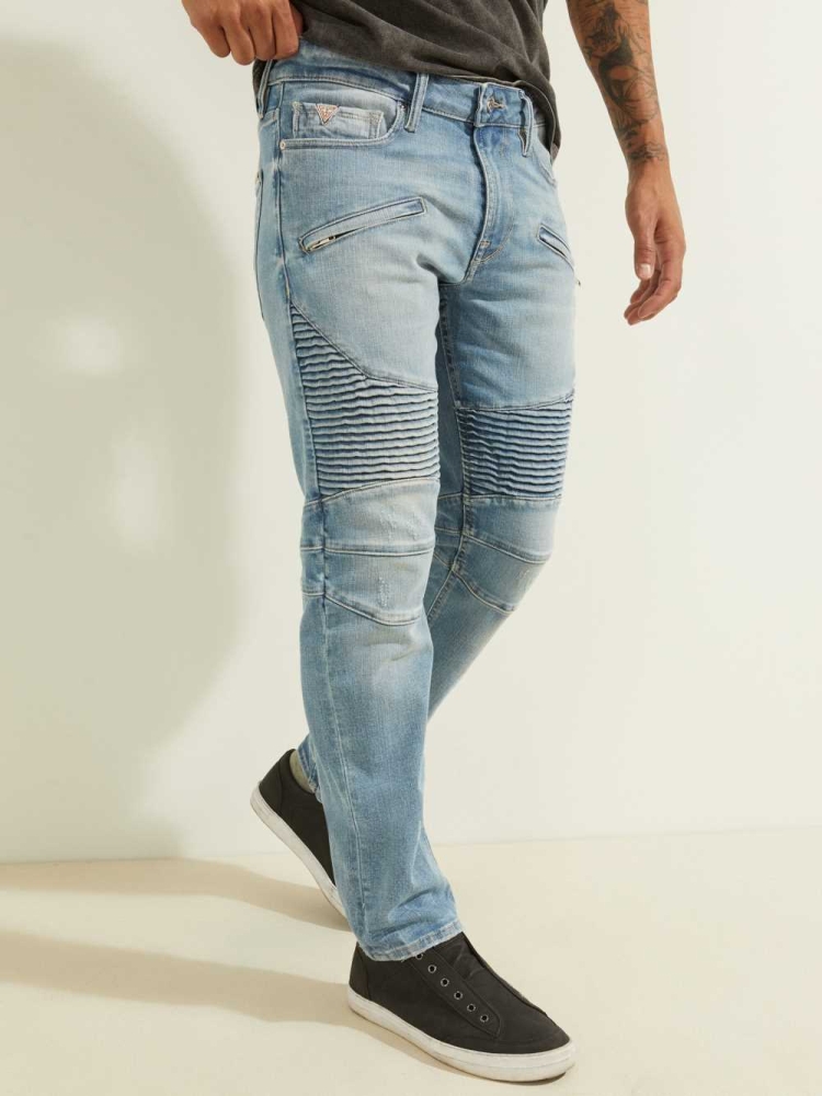 GUESS Slim Tapered Pintuck Moto Men's Jeans Blue White | UK3956JTK